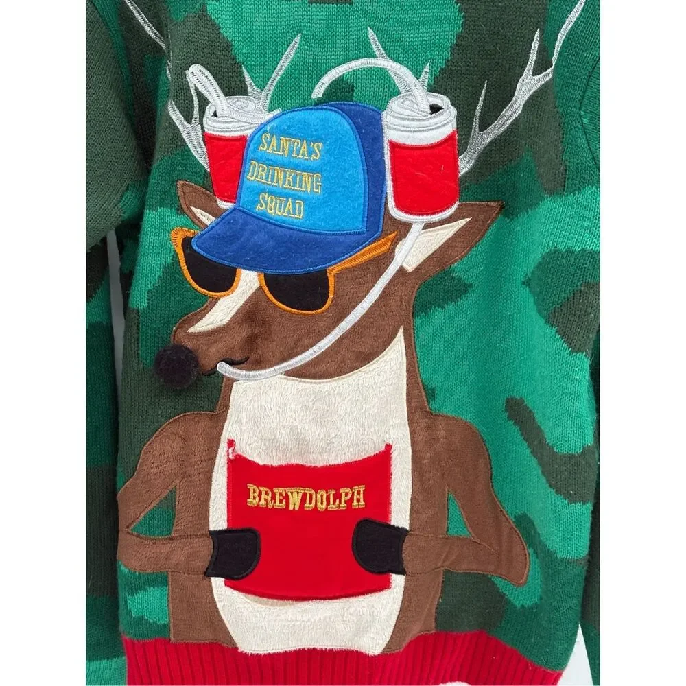 Blizzard Bay Sweater Ugly Christmas Brewdolph Men Small Green Camo Beer‎ Pouch